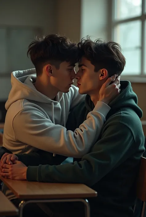 photo of two young men in hoodies and sweatshirts at a school desk kissing,1boys,extremely detailed eyes and face,realistic,photorealistic,masterpiece,high quality,8k,ultra detailed,cinematic lighting,dramatic shadows,moody atmosphere,intimate moment,soft ...