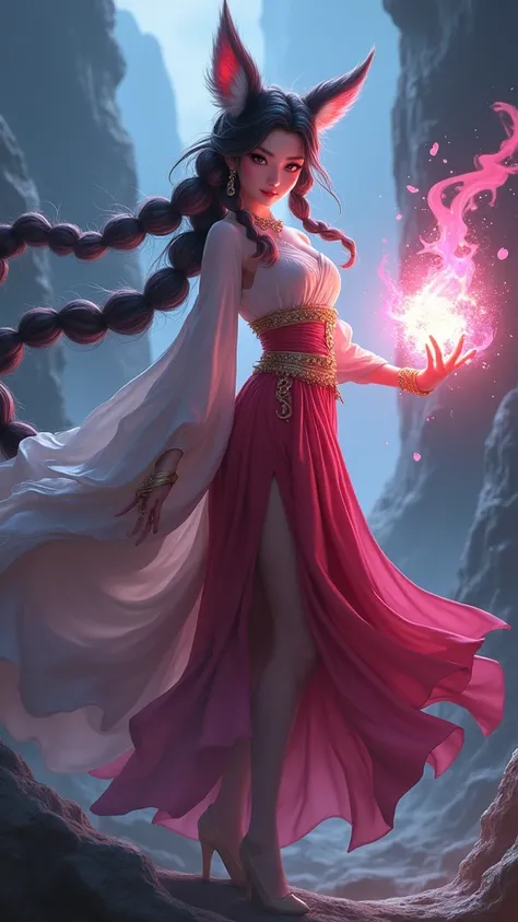 Personaje AHRI League of Legends, masterpiece, best quality, IncrsAhri, braid, fox tail, multiple tails, korean clothes, skirt, (EnergyVeins:1.4), glowing, energy, Energy ball, STANCE, evil smile,background large stones apocalyptic, AWPortraitWW 1.1, AWPor...