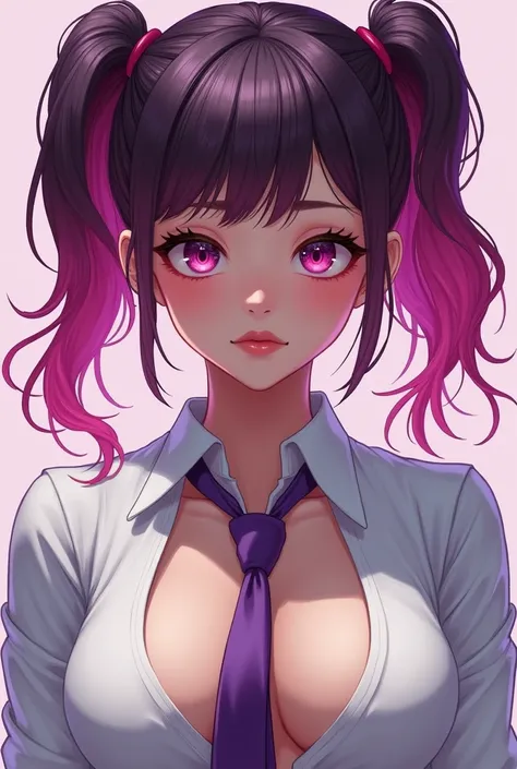 a 20 year old girl, with dark pink hair with 2 pigtails over her shoulders, dressed in an unbuttoned white shirt revealing her tits with a purple tie