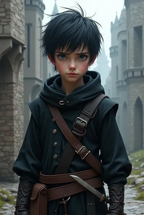 realistic, best quality, masterpiece, detailed, perfect face, fantasy, medieval, lad, male, young, beardless, adolescent, short stature, pale skin, blue eyes, black hair, messy hair, short hair, straight hair, black clothes, rogue, thief, rogue clothes, bl...