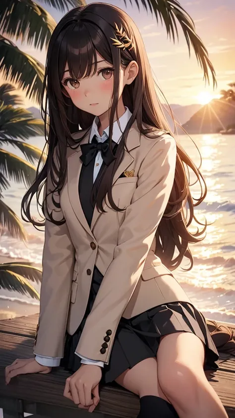 sitting, 1girl, long brown hair, brown eyes, crescent hair ornament, skinny body, small breasts, blush, school uniform, blazer, white jacket whit black edges, black skirt, plated skirt, school black tie, white socks with black details, beach, waves, palm t...