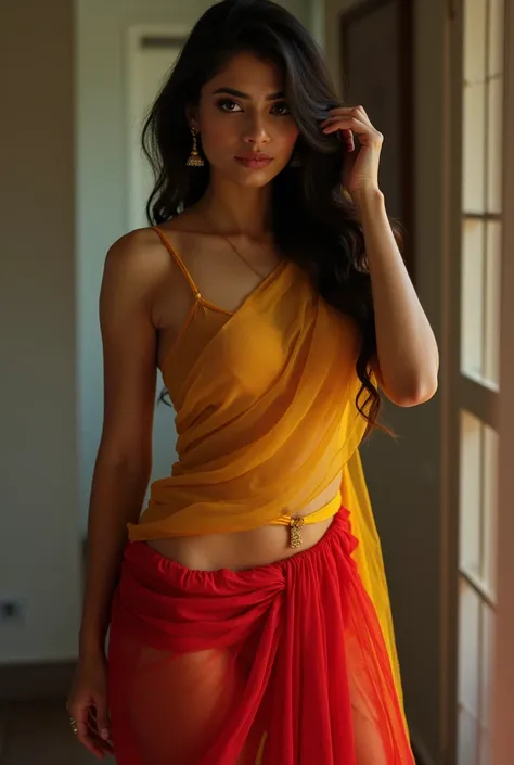 Tamil Nadu sexy face and fit body  at age of 20 in first night transparent sexy peacock-yellow half-saree and long transparent sexy peacock-red net-skirt and showing her sexy full body structure her in bedroom 