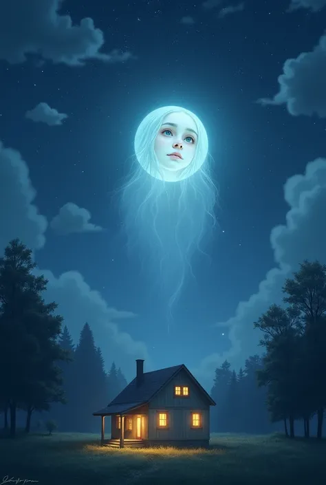 Visual: Spirit in the form of soft light, floating in the serene night sky above his house. The spirits face looked peaceful, with a hopeful expression. Below, you can see a simple house lit by moonlight, with a family still awake inside. Setting: A clear ...