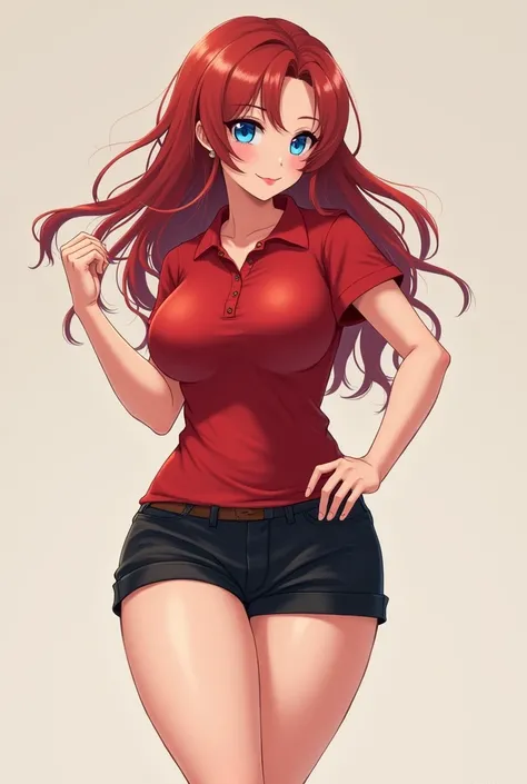 Generate an image, of a curvy anime girl, a very small waist, big, round breasts, in addition to a round butt, slim, beautiful blue eyes, full lips turned up nose, Skin very white like milk, a red polo shirt and black shorts , In addition to some beautiful...