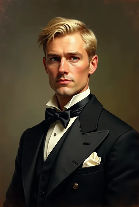 1897 year, Rich, 30 year old, handsome gentleman, short blond hair 