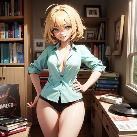 best quality, depraved girl wears unbuttoned shirt, ((looking at viewer)), blonde hair, green eyes, very short hair, spiky hair, ahoge, small panties, 171cm, messy hair, hair between eyes, flat breasts, plump, pale skin, tomboy, adult, 20 years old, 1girl,...