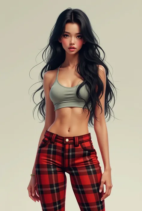 A girl with long black hair wearing a midriff-baring top and plaid pants underneath