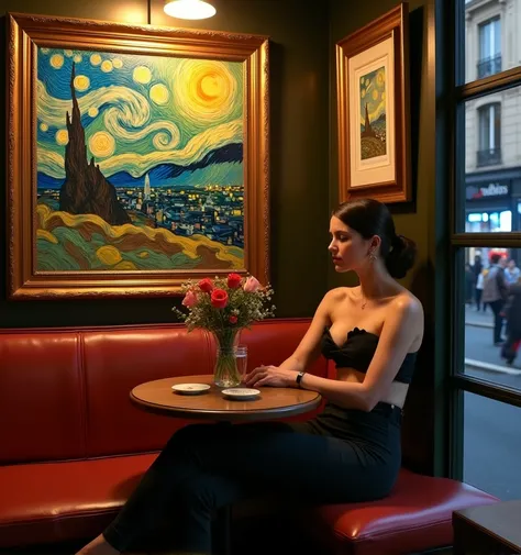 A woman sitting in a Parisian cafe at night, wearing a strapless top with skinny pants that accentuate the waist. Van Gogh paintings adorn the space, creating an artistic and welcoming atmosphere.