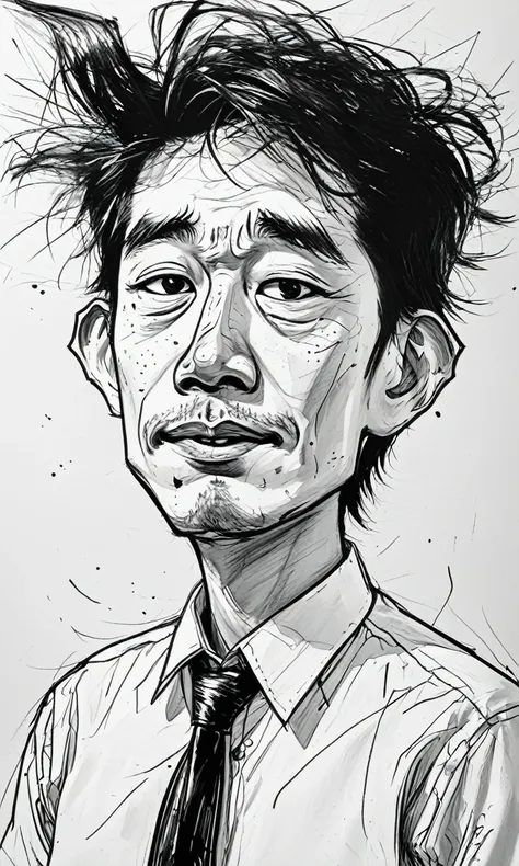 "black and white caricature image of a young adult salary man, asian, short messy hair, ((mouth closed)),white collared shirt