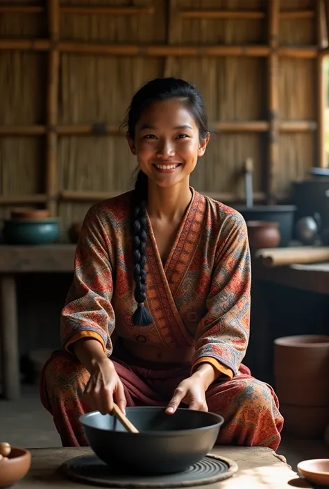 photo of an Indonesian woman, 20 years old, beautiful face, she is wearing a long-sleeved blouse with a kaktu motif combined with a sarong cloth typical of West Java. she is cooking in a simple kitchen, squatting in front of a fireplace made of clay with a...