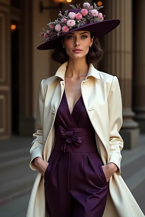 A dark purple women&#39;s dress。That&#39;s a whole set of clothes.，A short coat similar to that of a human，With the pale white silk fabric, it looks very expensive.，The outfit also comes with a hat embroidered with flowers and a beautiful purple dress.。