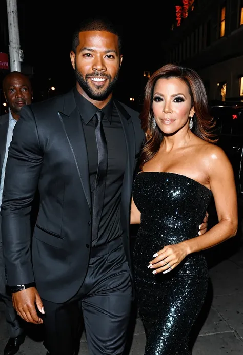 Eva Longoria and a handsome African American male whose facial features are a combo of Kid Cudi + Isaiah Mustafa + Trevante Rhodes enjoy an evening stroll. Both are dressed attractively for a night on the town. Eva wears a sparkly black dress. Eva has love...