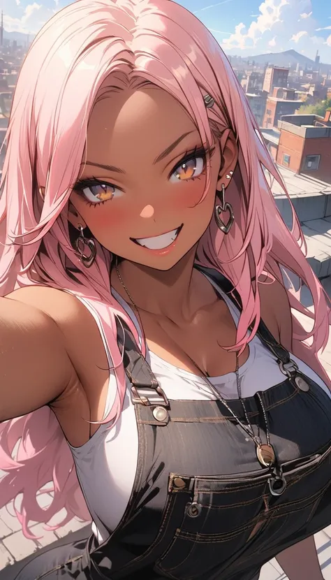 (best quality), (very aesthetic), (ultra-detailed), (best illustration), 1 Girl, Solo, fine texture, GAL, dark skin, (overweight), (large breasts1.5), (light pink hair1.2), long hair, straight hair, (light brown eyes1.1), overalls , selfie, eye makeup, ear...