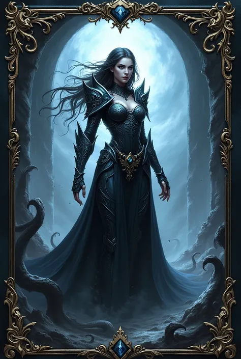 card design, smutstone, 1girl, solo, fantasy, darkfighter, frame