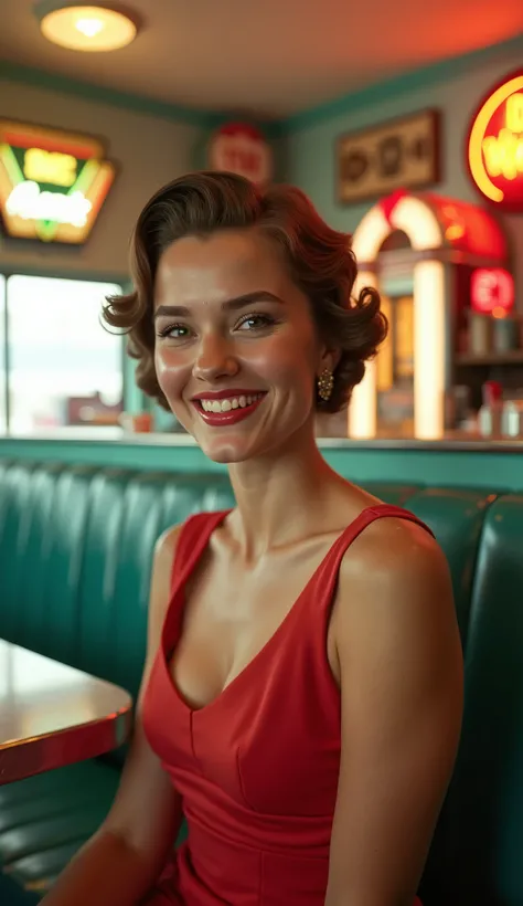 1girl dressed in a 1950s-inspired dress, complete with a full skirt and petticoat, her hair styled in classic pin curls. She should be seated at an old-fashioned diner, surrounded by vintage details like a jukebox, chrome accents, and neon signs. Her eyes ...