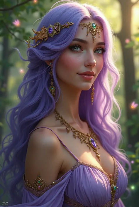 hyper-realistic a very sexiest beautiful woman in a fantasy world and sun shine clearly. The beautiful woman smile very attractive, has long flowing hair the color of amethysts and eyes that shimmer like sapphires very realistic. She is adorned with intric...