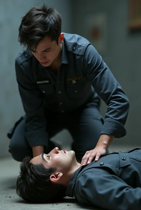 A person kneeling beside an unconscious individual lying on the ground. The rescuer is gently shaking the persons shoulders to check for responsiveness. The background is a neutral environment, with clear focus on the interaction between the rescuer and th...