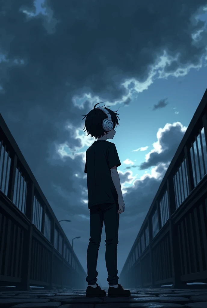 A sab boy anime set in dark bridge and black pant black shoes and shirt and white headphones and his seeing a sky

