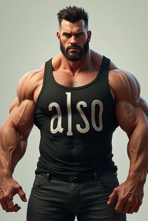 Macho　On a tank top「Also」て書いて

alsoではなくてAlsoと書いて