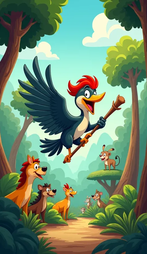 

Woodpecker hitting trees in the jungle: in cartoon style, the woodpecker flies happily through a vibrant rainforest, hitting several trees with a large stick. Your expression is exaggerated, showing concentration and enthusiasm. The surrounding trees are...