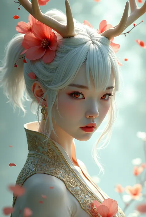 Create an image of an androgynous-looking epiCRealism Asian man, with silver hair, with ivory-colored deer antlers, with little red flowers on the horns. with red eyes, and porcelain white skin, and with fancy medieval clothes 