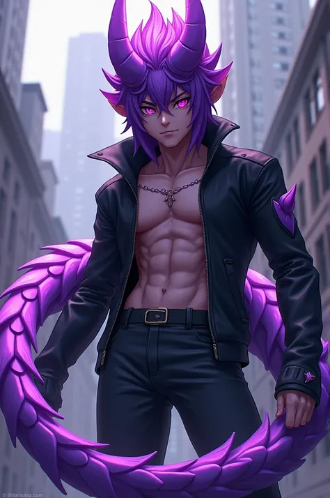 Purple eyes, 1 male, dragon tail, purple tail, plated tail, black jacket, Anatomical correct, Best quality, anime, dragon-guy, masterpiece.