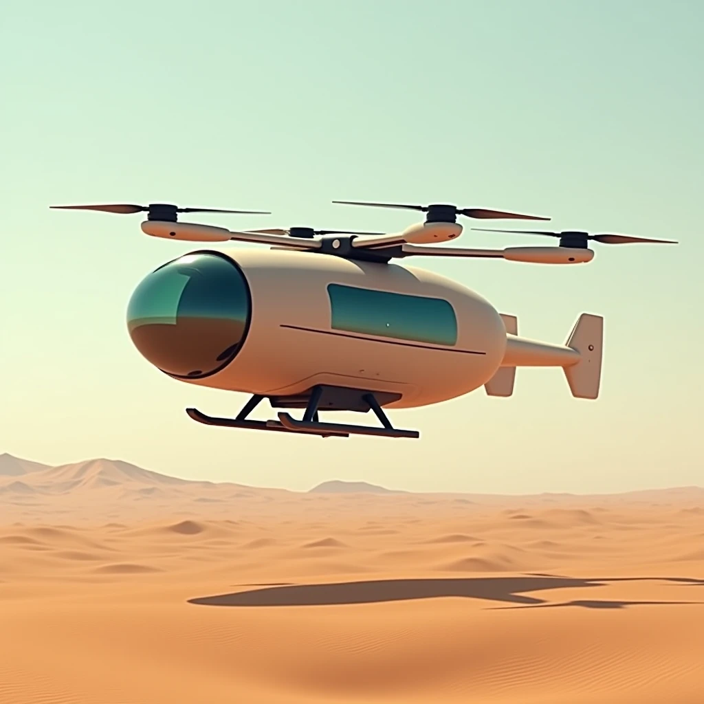 Large flying van in desert, square like style, 4 drone propellers in top, landing stand, glass window 