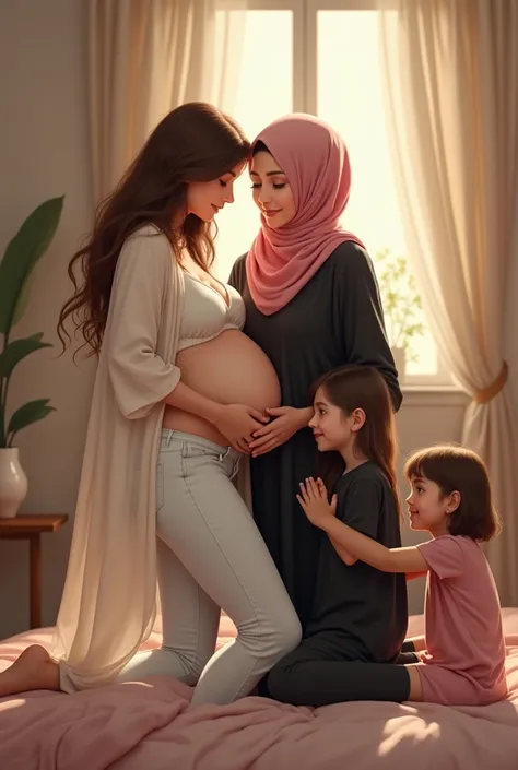 Two woman in room, one woman,4 beautiful pregnant woman, wearing white kameez white jeans, bronw hair,second woman with 2 cute woman, wearing pink hijab black kameez black pajama in room