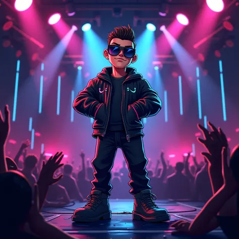 "Create a cartoon-style character inspired by a DJ. He should have a stylish modern look, wearing a black leather jacket with glowing neon accents, dark pants, and boots. His hairstyle is slicked back, and he has sunglasses. The character should be standin...