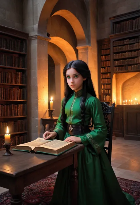 Illustrate Princess [(Severus snapes daughter, black hair and green eyes, Solo, 11 yo girl ,a young girl with long dark hair, dressed in traditional Turkish attire back in her palace library, reading the ancient book by candlelight. The atmosphere should b...