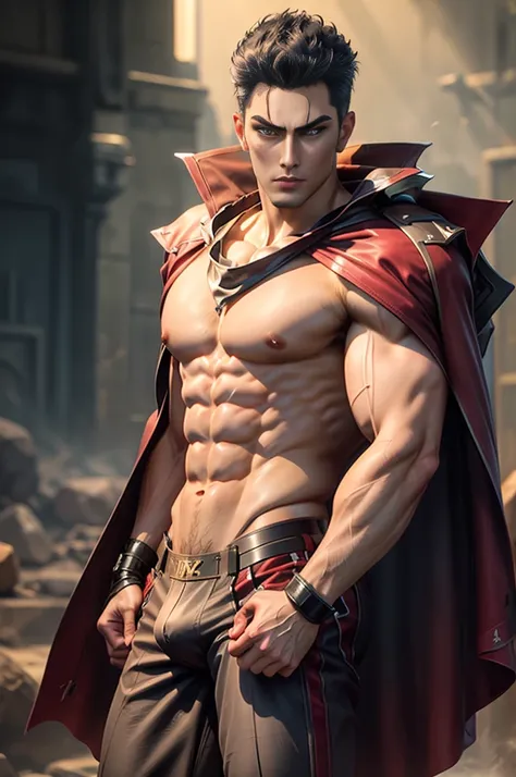 Eddie Peng，complicated，masterpiece，best quality，Ultra HD resolution，Seven-point lens，Center the character，Tensions，Wearing a cape，Naked upper body，For the audience，Oval face，Short, spiky hair，Young and handsome，Sexy and brave，Muscular，Unruly，The crotch is ...