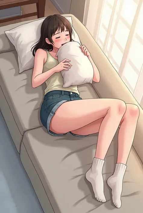 Draw the scene from above with anime lines: homem lying down num sofá com muito espaço; a pillow.

Pose: lying down, masturbating myself, while I bite the pillow (I am flushed and slightly hunchbacked).

vestimentas: socks and tank top; shorts mid-thigh.