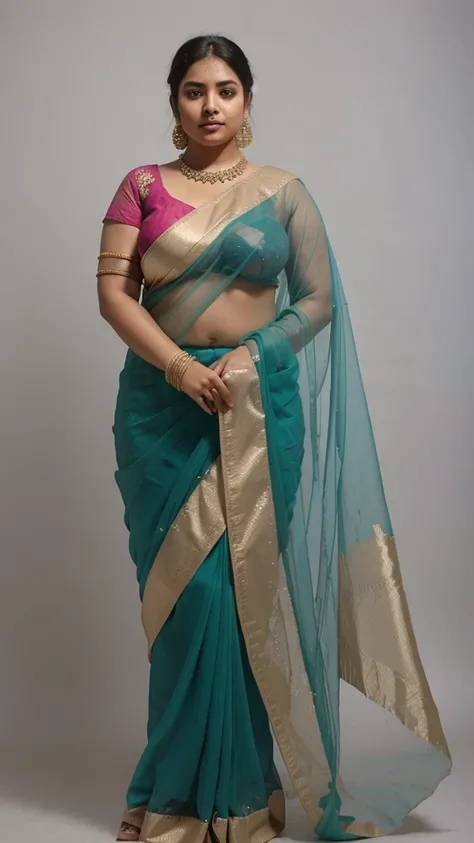 BBW Fat ass curvy Indian woman with big breasts, lifting her fully transparent chiffon saree and and sexy bra in bangles, full body image 