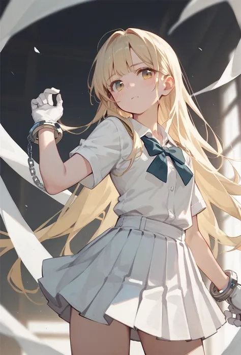 blonde long hair anime girl，wear white student，Wearing a white pleated skirt，Put on long white gloves，Wear metal handcuffs on both hands￼