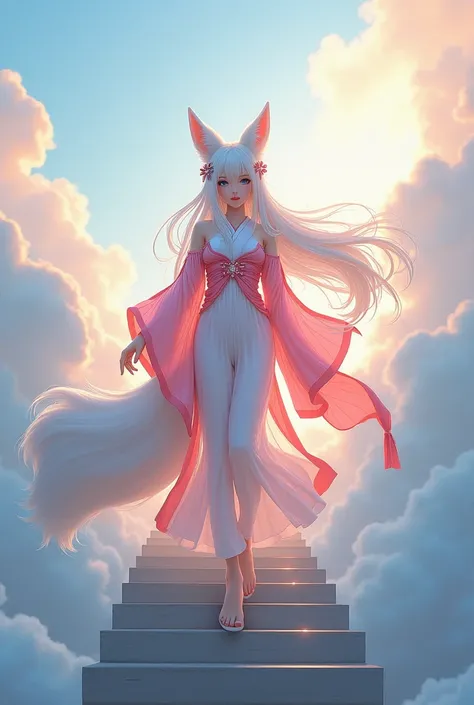 Cloud,Clouds,,Noble and elegant,Japanese nine-tailed fox girl,Long white hair flowing,Hairpin,Wearing a pink and white jumpsuit,走到Clouds樓梯中,