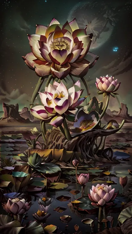  ( Surrealism ) a Surreal scene involving (A desert，Capture stunning details with a macro lens，The Lotus Flower is the in the pond:1.5), The moon in the desert. There is a clock high up in the night sky. This is visually synonymous with outer space，lotus p...