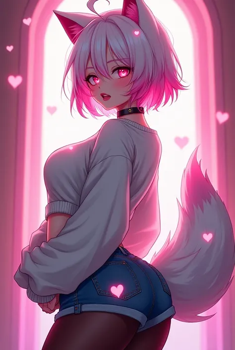 Digital drawing of a short haired woman with white and pink, with a lock of hair covering one eye, with white and pink wolf ears and tail, with pink marks on her cheeks, with red lips, anime style, smiling, with a neon pink eyeliner, with black stockings, ...