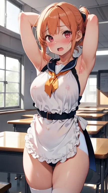 (shoot upper body:1.3),
(1girls:1.3),
(blush:1.2),shy,(ecstasy face),(trembling:1.2),(open mouth),(looking at viewer),(light orange hair),
break
standing,(body in front:1.1),((arms behind back:1.4)),(large breasts:1.3),
break,
(naked,sailor collar,waist ap...