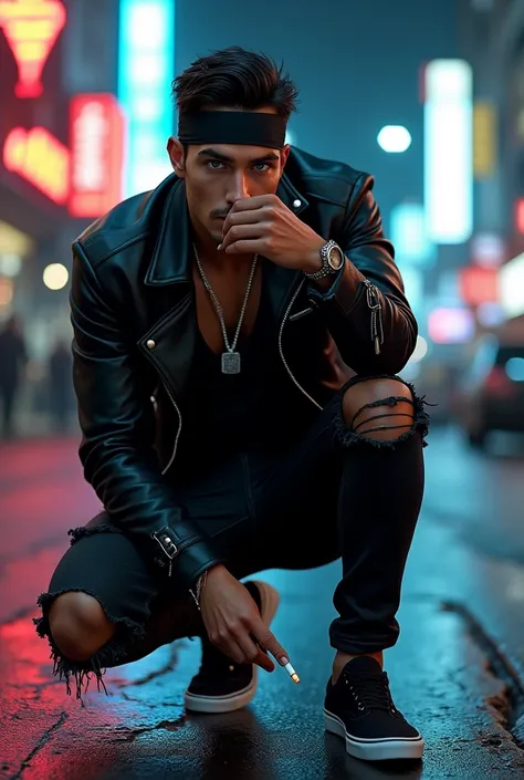 Beautiful realistic art of a man, perfect nose, blue eyes, black hair, dressed in a leather jacket, a ripped black jean, a black band on the head, Black Vans, kneeling smoking a cigarette on the street, neon lights and glow