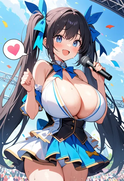 (8k, 4k, best quality), One girl, Chomiku Plus Style, blue eyes,  smile, blue null, Wet,  Long Hair, Twin tails, Black Hair, Huge breasts, (idol costume,Shoulder-exposing sleeves, open-chested, miniskirt, upskirt, ), blue ribbon, hair ribbon, singing, hold...