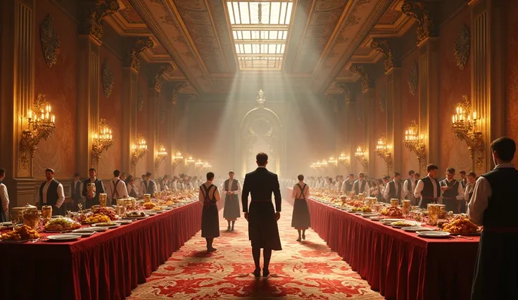 palace hall, with tables of food and servants around, Daniel respectfully approaches the butler."