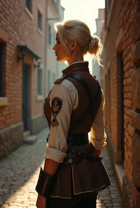 blonde hair in an updo, brown and white military outfit with emblems, leather harness, standing pose, hand resting on a stone wall, looking into the distance, smooth skin, sunlit alleyway with brick walls and buildings, warm lighting from the left, dramati...