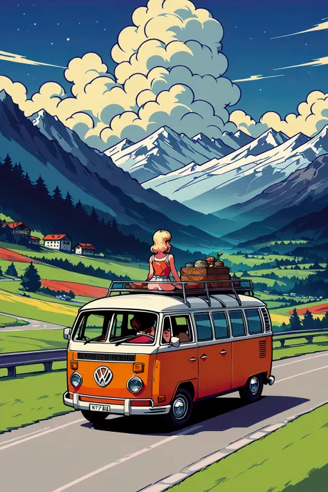 vector t-shirt art ready to print colorful graffiti illustration of a red volkswagen kombi, swiss alps, tall trees, summer, even...