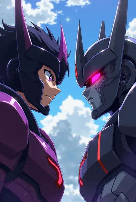 Two boys prepare to fight, On the one hand, Ares Prime. He is a boy with black hair and purple eyes., He wears black and purple battle armor., and on his face he wears a battle mask. On the other hand, Galvatron, He is an evil man, with black hair and red ...