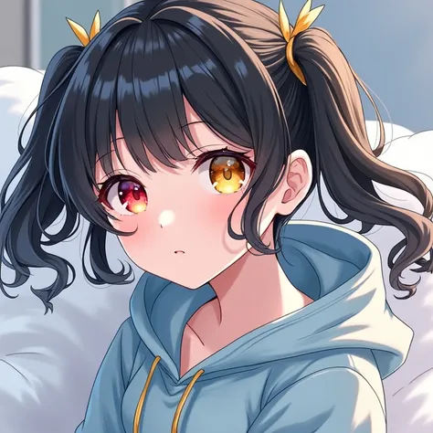 Upper Body,Sitting girl,Fluffy atmosphere,high resolution,Heterogeneous eyes: yellow right eye, red left eye,Black hair in two ponytails,Yellow hair tip gradation,He is wearing a loose, thin blue hoodie.