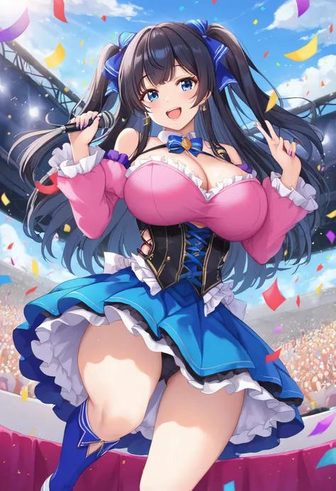 (8k, 4k, best quality, masterpiece), One girl,blue eyes,  smile, Long Hair, two sideups, Black Hair, Huge breasts, (idol costume,Shoulder-exposing sleeves, open-chested, miniskirt, upskirt, ), blue ribbon, hair ribbon, singing, holding mike, Outdoor,Day, (...