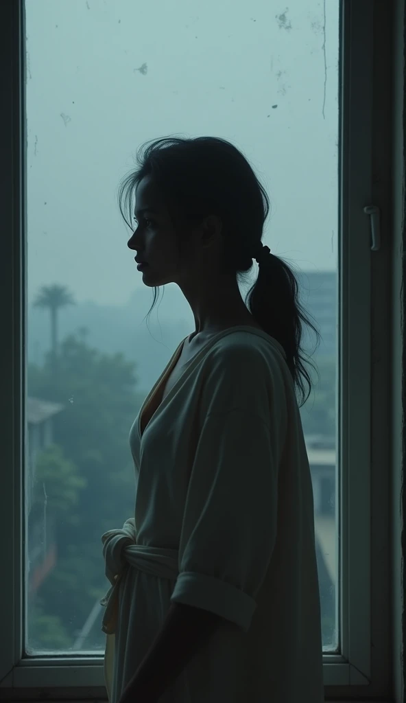 Background Color Grading: Muted tones of light gray and blue, creating a feeling of isolation.

Central Image: A young Indian woman aged between 26 to 30, sitting alone with a distant gaze or looking out of a window. Her posture should convey solitude.