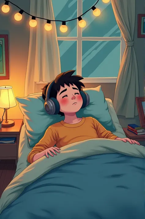 Lo-Fi drawing styles:1.5)), boy lying in her bed listening to music with headphones, books on the bed, soft light garland, ambiente agradable y quiet, soft and beautiful colors, magical, quiet, cozy

