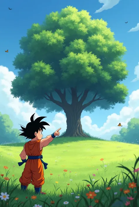 Gohan kid points to a tree while standing in a field and he is wearing an orange suit 
