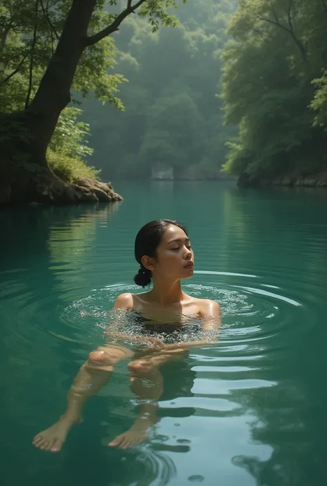 Woman swimming in a lake with the 97% of his body in the water 